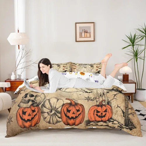 Miniatura 5 de Lindo juego de funda de edredón de fantasma, tamaño individual para niños y niñas, juego de ropa de cama de calabaza y calavera de azúcar, funda