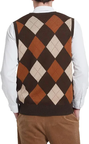 Miniatura 3 de Kallspin Suéter tipo chaleco con rombos para hombre, mezcla de lana, cuello en V, sin mangas