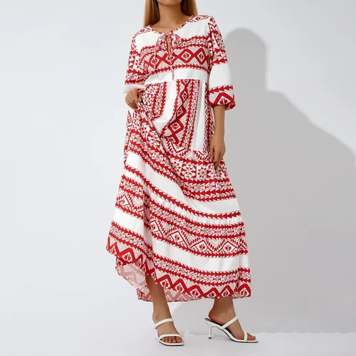 Miniatura 3 de Bowiln Vestido largo con estampado casual para mujer, con lazo frontal, cuello redondo, manga larga, holgado, talla grande