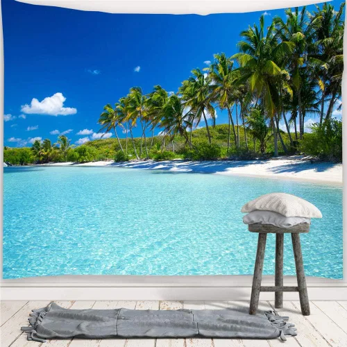 Miniatura 4 de YISURE Tapiz de playa oceánica para colgar en la pared, 80 x 60 pulgadas, diseño de palmera paraíso tropical, cocotero, decoración de pared hippie