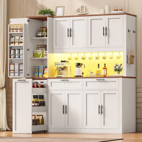 Miniatura 10 de Itaar Armario de despensa de 71 pulgadas con estación de carga y luz LED, armario de despensa de cocina con soporte para microondas, armarios