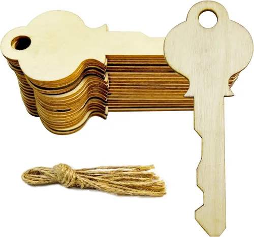 30 piezas de madera para manualidades, adornos colgantes en forma de llave en blanco, etiquetas de regalo con agujero para boda, fiesta de