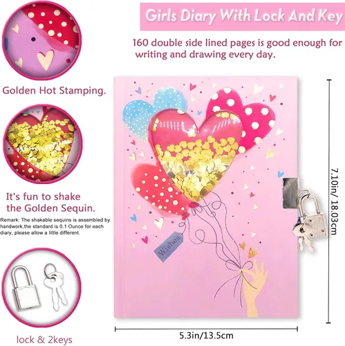 Miniatura 5 de Diario para niñas con cerradura para niños, GINMLYDA Diarios rosas lindos 18x13.5 cm 160 páginas Cuaderno secreto para niñas con cerradura y llave