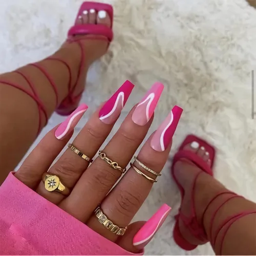 Miniatura 8 de Uñas postizas largas a presión con forma de ataúd, uñas postizas de bailarina, mariposa rosa, diamantes de imitación, uñas acrílicas con purpurina
