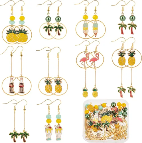 SUNNYCLUE 1 caja, 10 pares de aretes de verano, kit de iniciación para hacer colgantes, piña, cocotero, dulce alimento, abalorios de cristal para