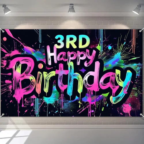 Miniatura 27 de HOMETITUTE Pancarta de Neón de Feliz 10mo Cumpleaños 71 x 43 pulgadas, Salpicadura de Pintura que Brilla en la Oscuridad, Telón de Fondo
