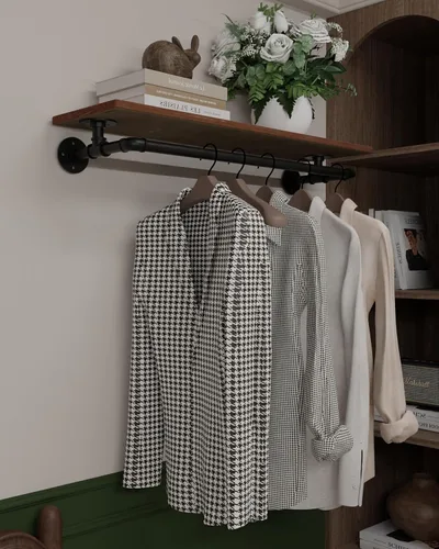 Miniatura 16 de Perchero negro de 36 pulgadas, perchero montado en la pared con estante de madera real negra, perchero colgante resistente, barra para colgar
