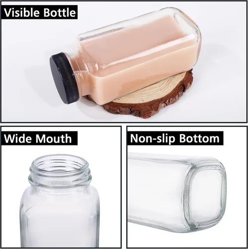 Miniatura 3 de Paquete de 6 botellas de vidrio de 8 onzas, botellas de agua cuadradas de vidrio de 8.5 fl oz con tapas, tarros vacíos reutilizables con etiquetas