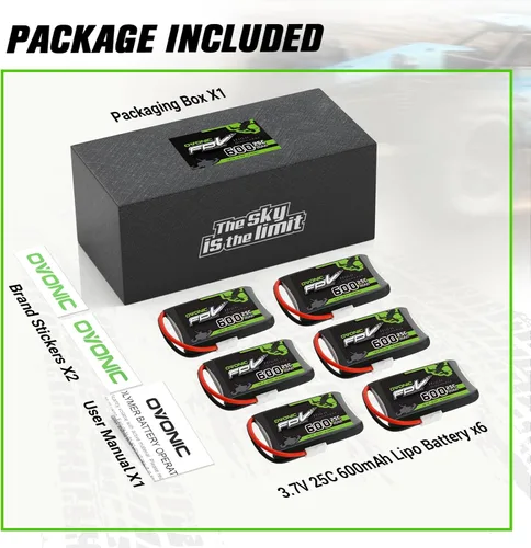 Miniatura 6 de OVONIC Batería Lipo de 3.7V 25C 600mAh 1S [1 paquete que incluye 6 baterías]