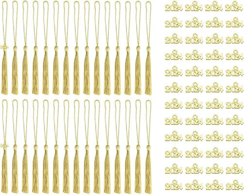 Miniatura 8 de Tupalizy 30 mini borlas sedosas hechas a mano con 60 dijes del año 2024 para graduación, llavero, aretes, joyería, regalos de boda, recuerdos