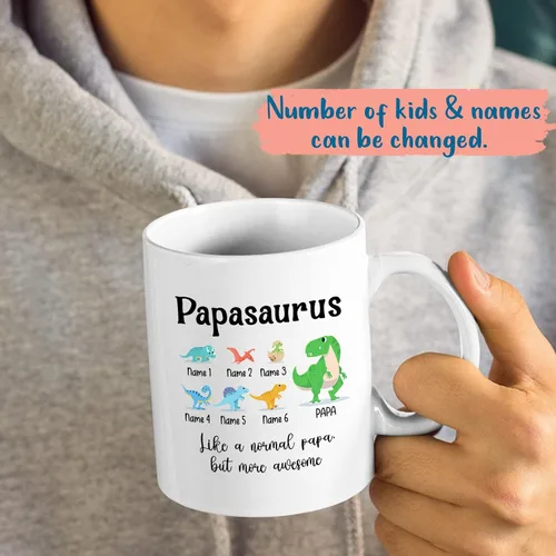 Miniatura 2 de Papasaurus - Taza de café blanca personalizada con texto en inglés "Papasaurus Like A Normal Papa But More Awesome de 11 oz, 15 oz, taza