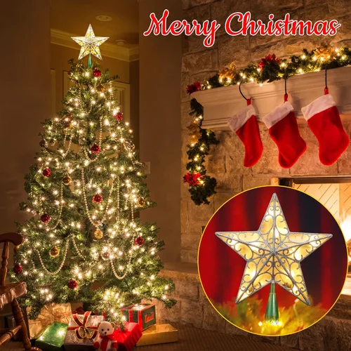 Miniatura 2 de Brizled Estrella para Copa del Árbol de Navidad de 9.5", Copa Plateada con Purpurina, Adorno 3D para Árbol de Navidad con 10 Luces, Certificado UL