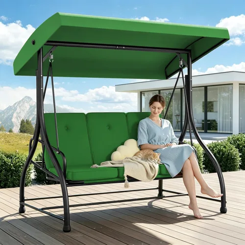 Miniatura 10 de Cama columpio para porche de 3 asientos con toldo ajustable y cojines extraíbles, marco de acero resistente, columpio para patio al aire libre, Azul
