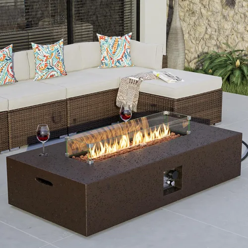 Miniatura 23 de COSIEST mesa cuadrada de propano para exteriores de arenisca con protector contra el viento, certificada, quemador de acero inoxidable de 50,000