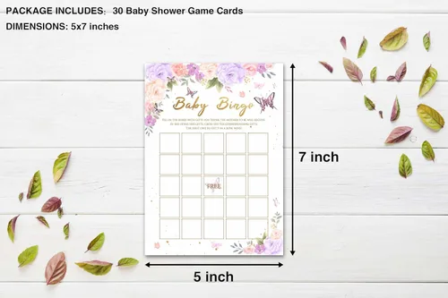 Miniatura 2 de Juegos de baby shower para niñas, juego de bingo de mariposa púrpura para baby shower, decoraciones florales moradas para fiestas de revelación