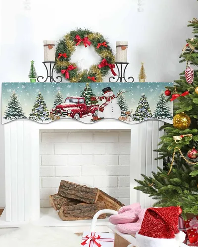 Miniatura 2 de Daleng Bufanda de repisa de camión de Navidad con muñeco de nieve para chimenea, 60 x 17 pulgadas, árbol de Navidad, copos de nieve, ciervos, verde