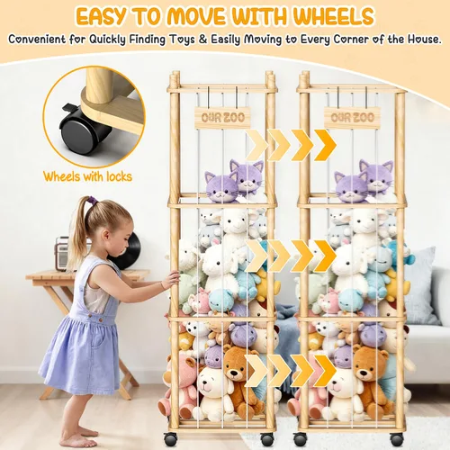 Miniatura 5 de Organizador de almacenamiento de animales de peluche, soporte de zoológico de juguetes de madera con ruedas, torre de almacenamiento de gran