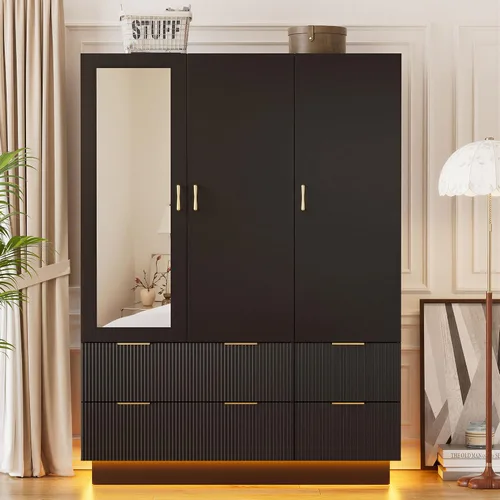 Miniatura 10 de PAKASEPT Armario de 3 puertas, armario de dormitorio con espejo y luces LED, barra para colgar, cajones, armario de almacenamiento de gran capacidad