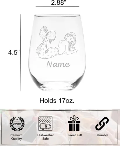 Miniatura 5 de C M Sirena con nombre, 17 onzas, copa de vino personalizada sin tallo, regalo personalizado con temática de sirena para mujeres y hombres