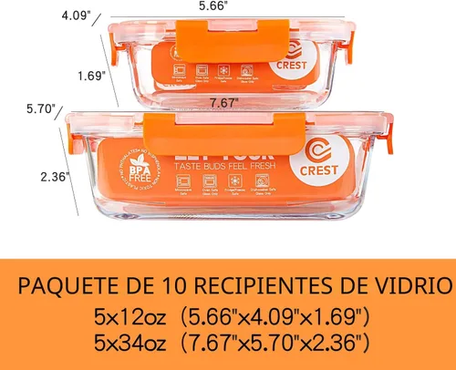 Miniatura 2 de C CREST Paquete de 10 recipientes de vidrio para almacenamiento de alimentos, recipientes de preparación de alimentos con tapas, aptos para Naranja