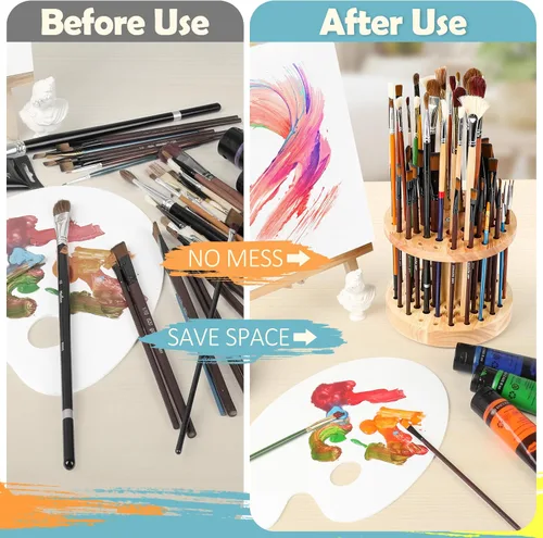 Miniatura 6 de Soporte para pinceles de pintura de 52 agujeros, organizador de pinceles de pintura giratorio de 360°, soporte de almacenamiento de madera dura