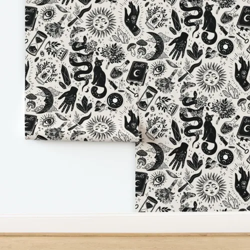 Miniatura 4 de Spoonflower Papel tapiz para despegar y pegar, color negro, blanco, gótico, gótico, mágico, de Halloween, bruja, monocromático, extraíble