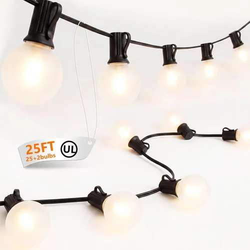 Miniatura 8 de Cadena de luces para exteriores de 50 pies con bombillas G40, luces impermeables para patio con 27 bombillas LED inastillables (2 repuestos)