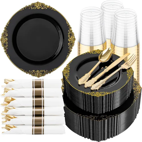 Hioasis 350 platos negros y dorados, platos de fiesta negros para 50 invitados, incluyen 100 platos resistentes (20% más gruesos que el estándar),