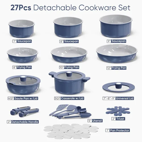 Miniatura 2 de CAROTE Juego de 27 piezas de utensilios de cocina de cerámica antiadherentes, juego de ollas y sartenes antiadherentes, utensilios de cocina no Azul