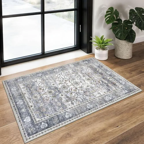 Miniatura 105 de KUTA Alfombras vintage de 2 x 3 pies para entrada, antideslizantes, lavables, tapete para puerta de interior con estampado floral, azul, gris, Azul