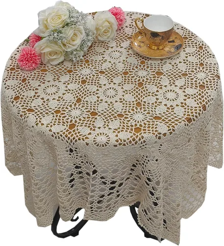 Miniatura 15 de USTIDE Mantel redondo de ganchillo de 70 pulgadas, superposiciones de mesa de encaje de algodón beige hecho a mano con diseño floral de ganchillo