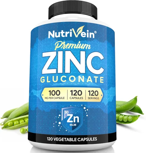 Nutrivein Gluconato de Zinc Premium 100mg - 120 Cápsulas: Suplementos de gluconato de zinc de alta absorción para el bienestar de todo el cuerpo -