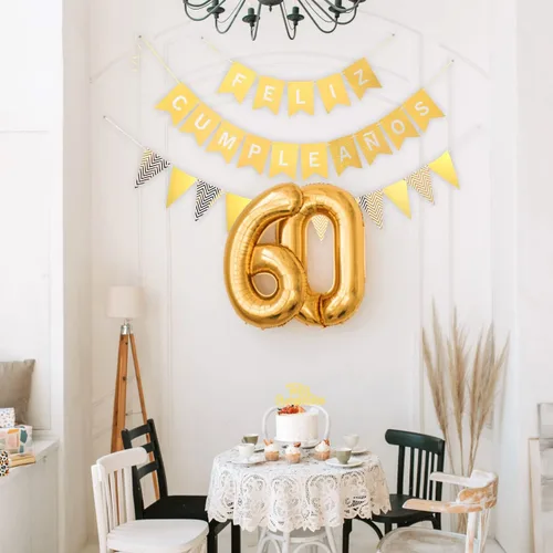 Miniatura 7 de Juego de decoración de Feliz Cumpleaños en español – Decoración de pastel de Feliz Cumpleaños Bandera Triángulo Bandera Oro Feliz Cumpleaños Banner