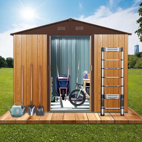 Miniatura 13 de Cobertizo de almacenamiento para exteriores de 9.94 x 7.74 pies, cobertizo de herramientas de acero con puerta y marco de suelo con doble bloqueo