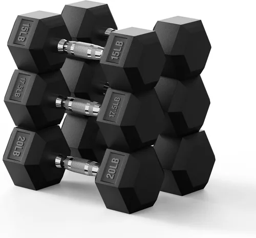 Miniatura 19 de PAPABABE Juego de mancuernas hexagonales de 45 a 550 libras, mancuernas de gimnasio en casa con revestimiento de goma, mancuernas para mujeres