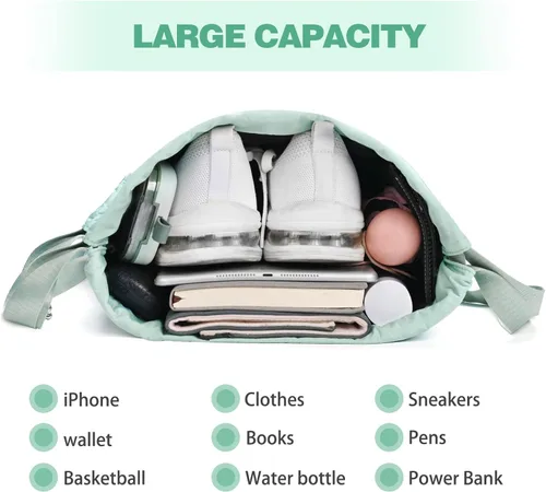 Miniatura 6 de Mochila con cordón y bolsillo húmedo, mochila de gimnasio resistente al agua, bolsa de cuerda para playa, natación, para mujeres y hombres