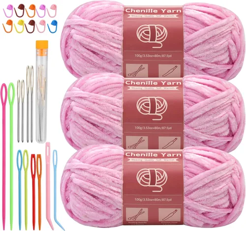 Miniatura 27 de LUNARM Hilado de chenilla para tejer y hacer ganchillo, 3 madejas de 240 metros de hilo grueso, suave y voluminoso, para tejer mantas, ropa y Beige
