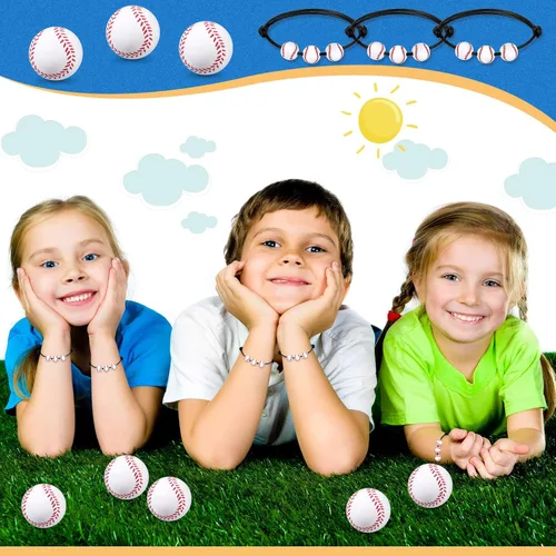 Miniatura 6 de Juego de 32 piezas de recuerdos de fiesta de béisbol, 16 pulseras de béisbol ajustables, 16 mini pelotas deportivas para estrés, suministros de Negro