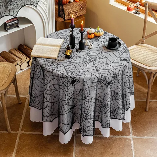 Miniatura 2 de Joyfol Day Mantel de tela de araña de Halloween, mantel redondo de encaje negro de 70 pulgadas, mantel lavable y espeluznante, mesas de telaraña