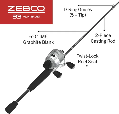 Miniatura 2 de Zebco 33 Platinum Spincast carrete y caña de pescar, embrague anti-marcha atrás