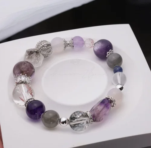 Miniatura 81 de Precious Gemstone Natural Crystal Healing Bracelet, Rutilated Quartz, Moonstone, Quartz Handmade Original Design Bracelet