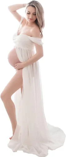 JustVH Vestidos de maternidad para sesión de fotos con hombros descubiertos, vestido de encaje de gasa, con abertura frontal, maxi vestidos de