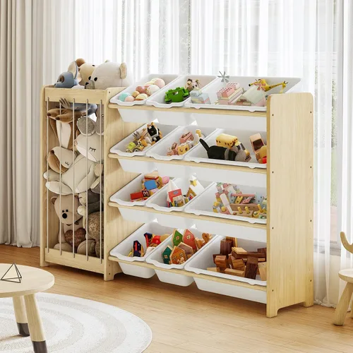Miniatura 8 de EXPERLAM Organizador de almacenamiento de juguetes para niños, 2 en 1 almacenamiento de animales de peluche y organizador de juguetes con 12 Blanco