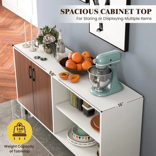 Miniatura 7 de Giantex Aparador de buffet, armario de almacenamiento moderno con 2 puertas y estantes abiertos, armario de cocina de 58 pulgadas con patas
