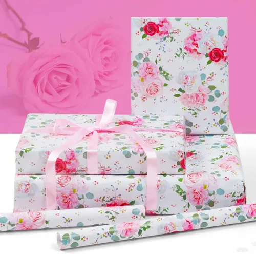 Miniatura 3 de Juego de papel de regalo de boda y cinta para niñas y mujeres, 6 hojas plegadas, diseño de rosa roja y rosa, 20 x 28 pulgadas, papel de regalo