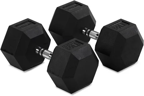 Miniatura 11 de Titan Fitness Pair Rubber Coated Hex Dumbbells, Roll-Resistant Hexagonal Free Weights, Chrome-Coated Handles with Knurling, Strength Training