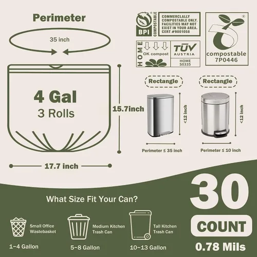 Miniatura 7 de Bolsas de basura compostables con asa compostable de 4 galones con cordón extra grueso de 0.78 mils, bolsas de desechos de compost de comida con US