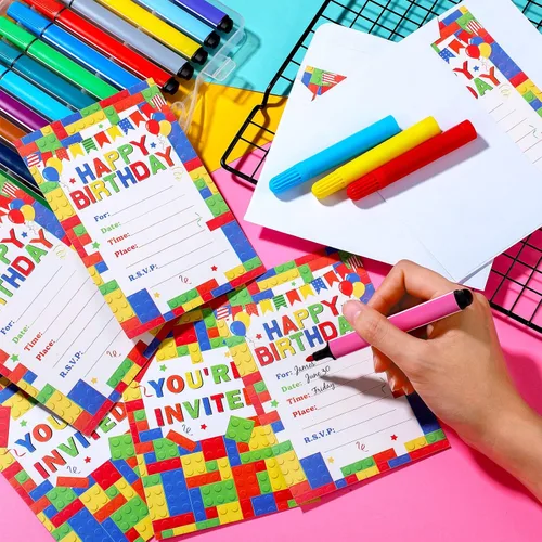 Miniatura 7 de Nezyo Paquete de 30 invitaciones para fiesta de cumpleaños de niños, suministros de fiesta de niños, regalos de ladrillos apilables, juego