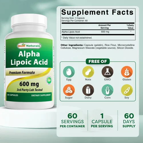 Miniatura 2 de Best Naturals Ácido alfa lipoico 600 mg 60 cápsulas – ALA Potente antioxidante (60 unidades (paquete de 1))