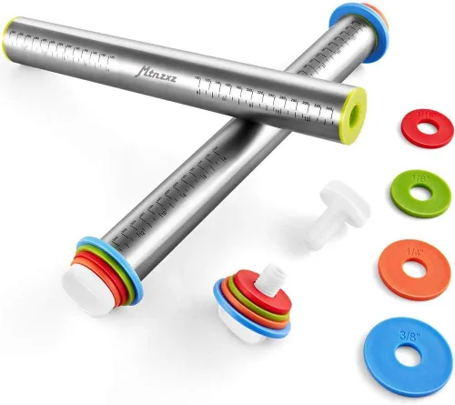 Miniatura 2 de Juego de rodillos y alfombrillas de silicona para repostería, rodillo de masa de acero inoxidable, rodillos con anillos de grosor ajustable